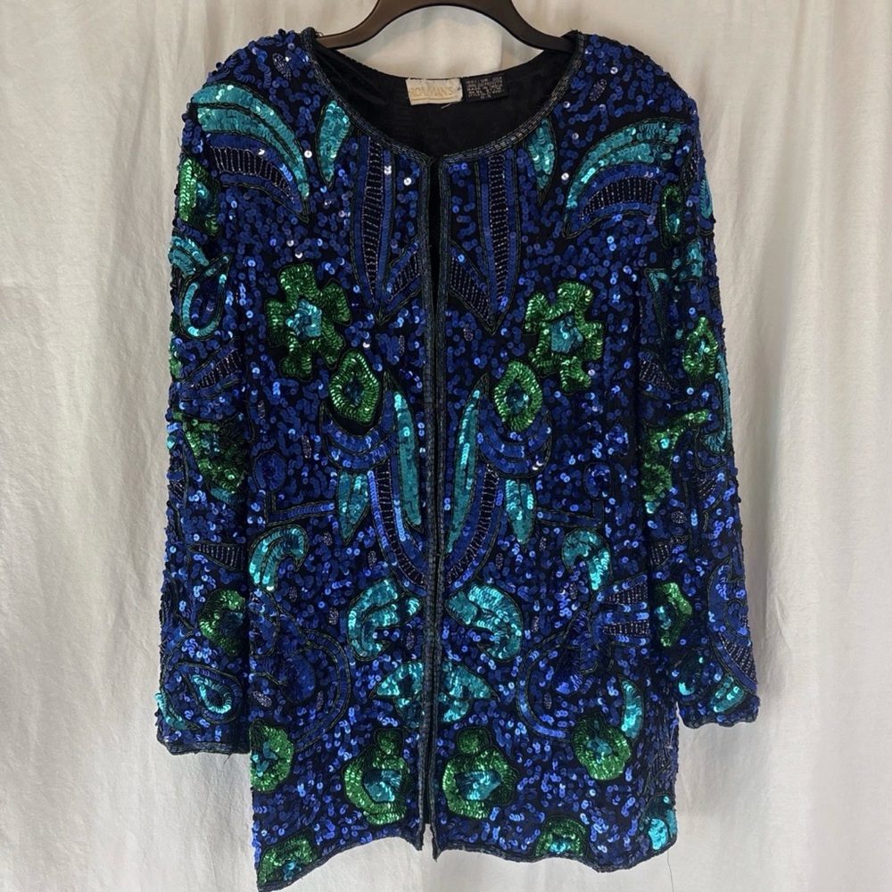 Vintage Roamans Silk Beaded And Sequined Blue Green Blazer Jacket Sz XL *Read